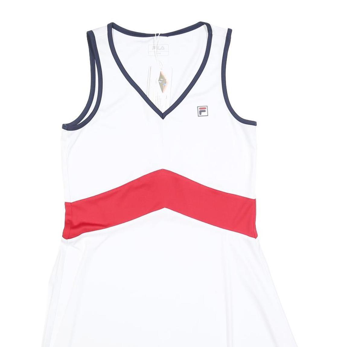 FILA Womens White & Red Sports Dress Polyester Sleeveless V-Neck S Athletic