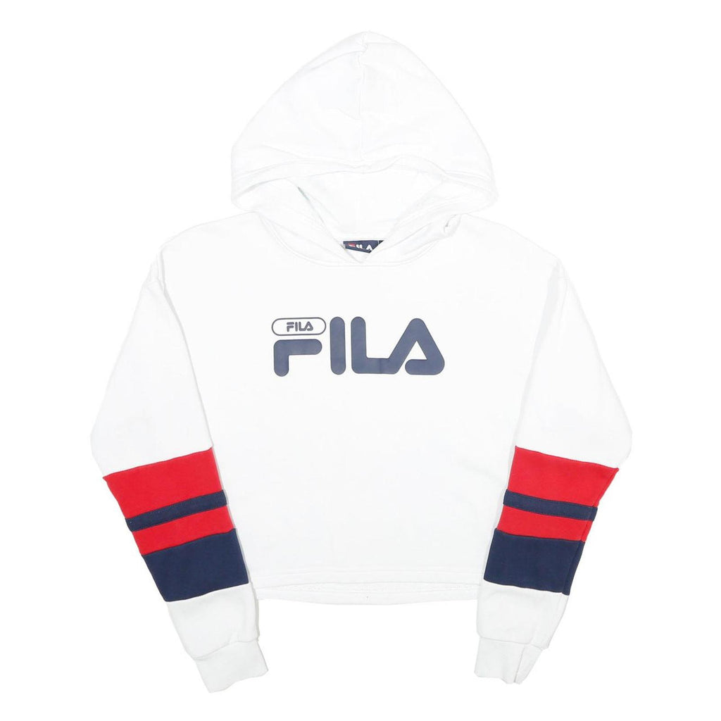 FILA Womens White Red & Navy Logo Hooded Pullover S Crop Hoodie