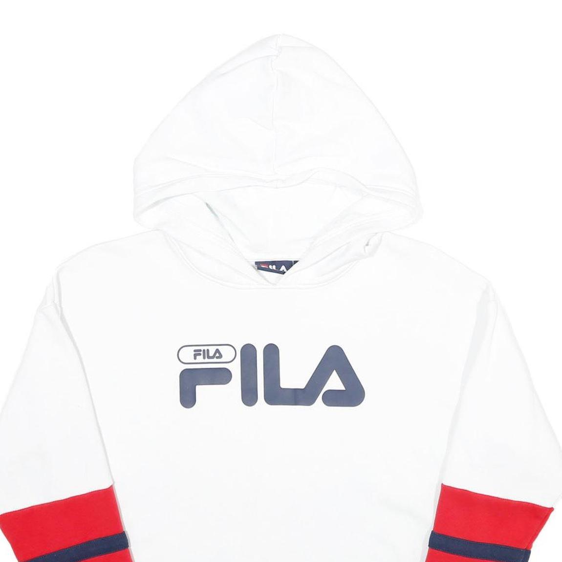 FILA Womens White Red & Navy Logo Hooded Pullover S Crop Hoodie