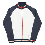 GUESS Mens White & Navy Zip Front Cotton Blend Jacket L Striped Ribbed Collar