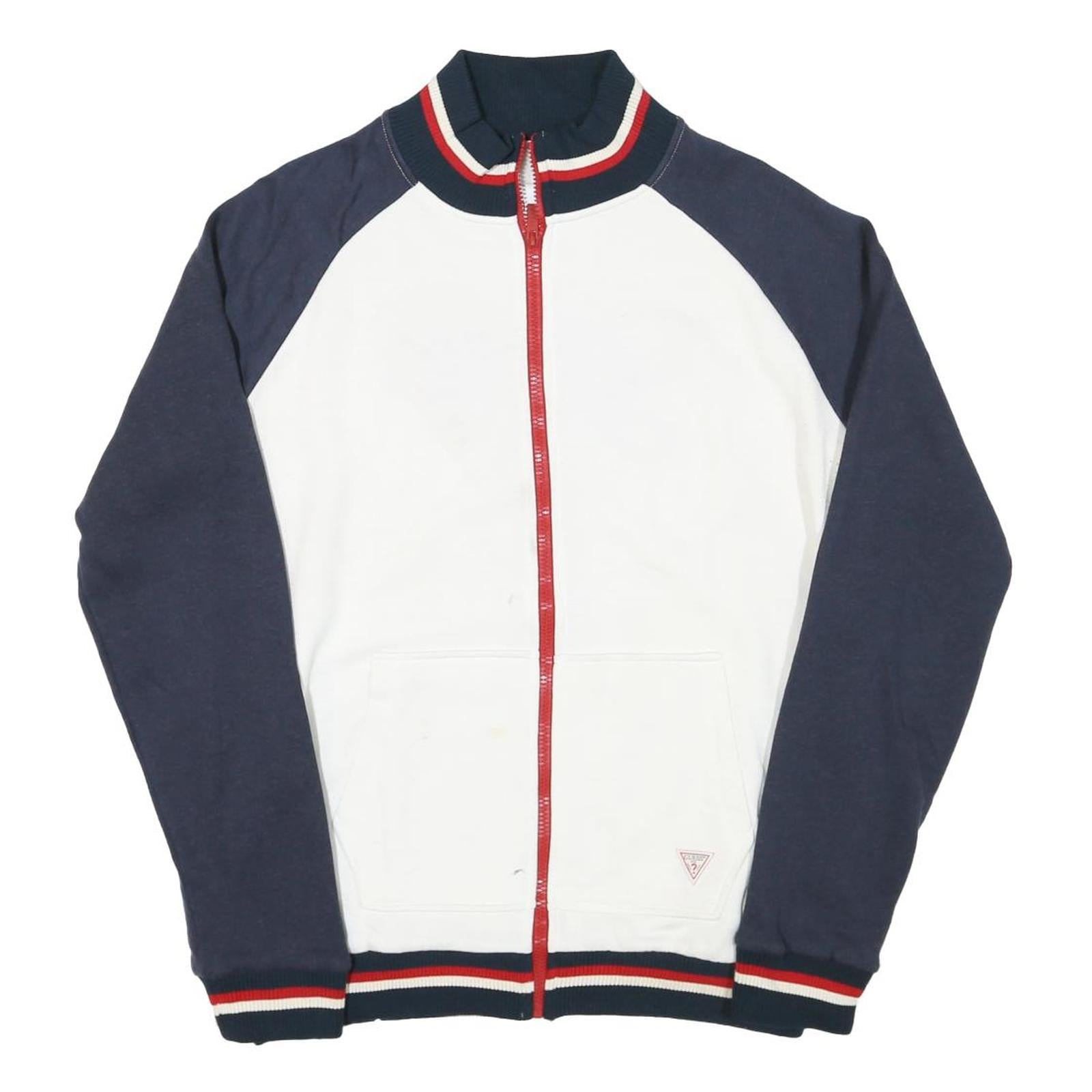 GUESS Mens White & Navy Zip Front Cotton Blend Jacket L Striped Ribbed Collar