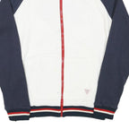 GUESS Mens White & Navy Zip Front Cotton Blend Jacket L Striped Ribbed Collar