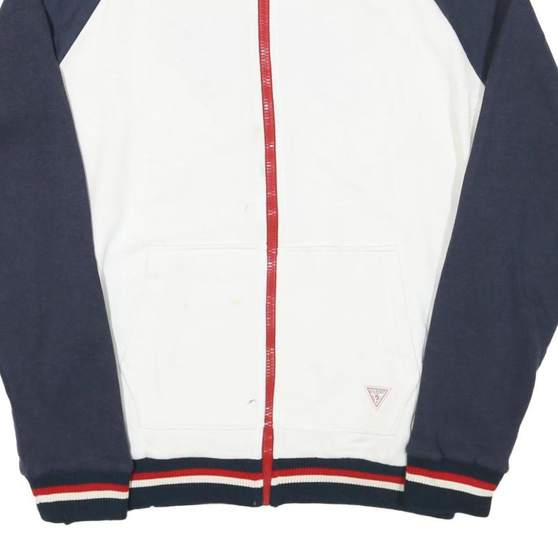 GUESS Mens White & Navy Zip Front Cotton Blend Jacket L Striped Ribbed Collar