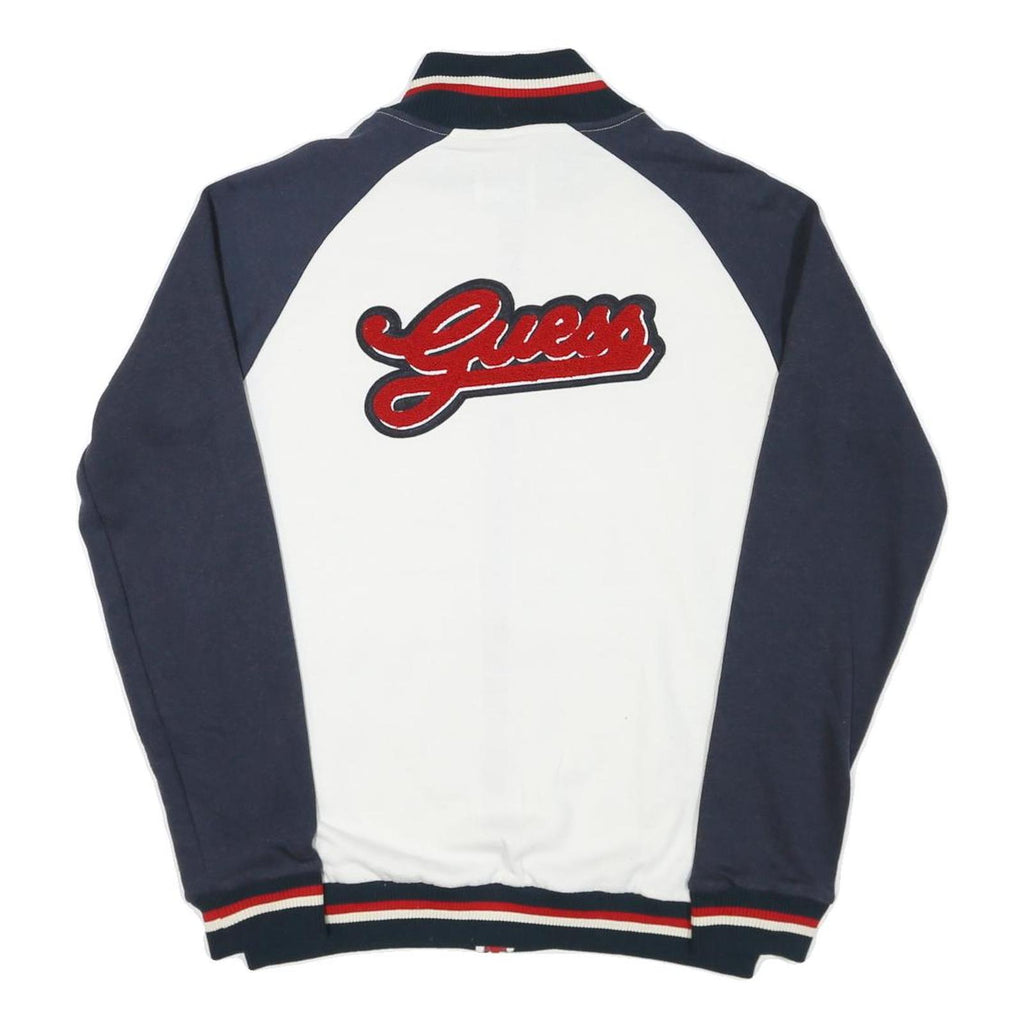 GUESS Mens White & Navy Zip Front Cotton Blend Jacket L Striped Ribbed Collar