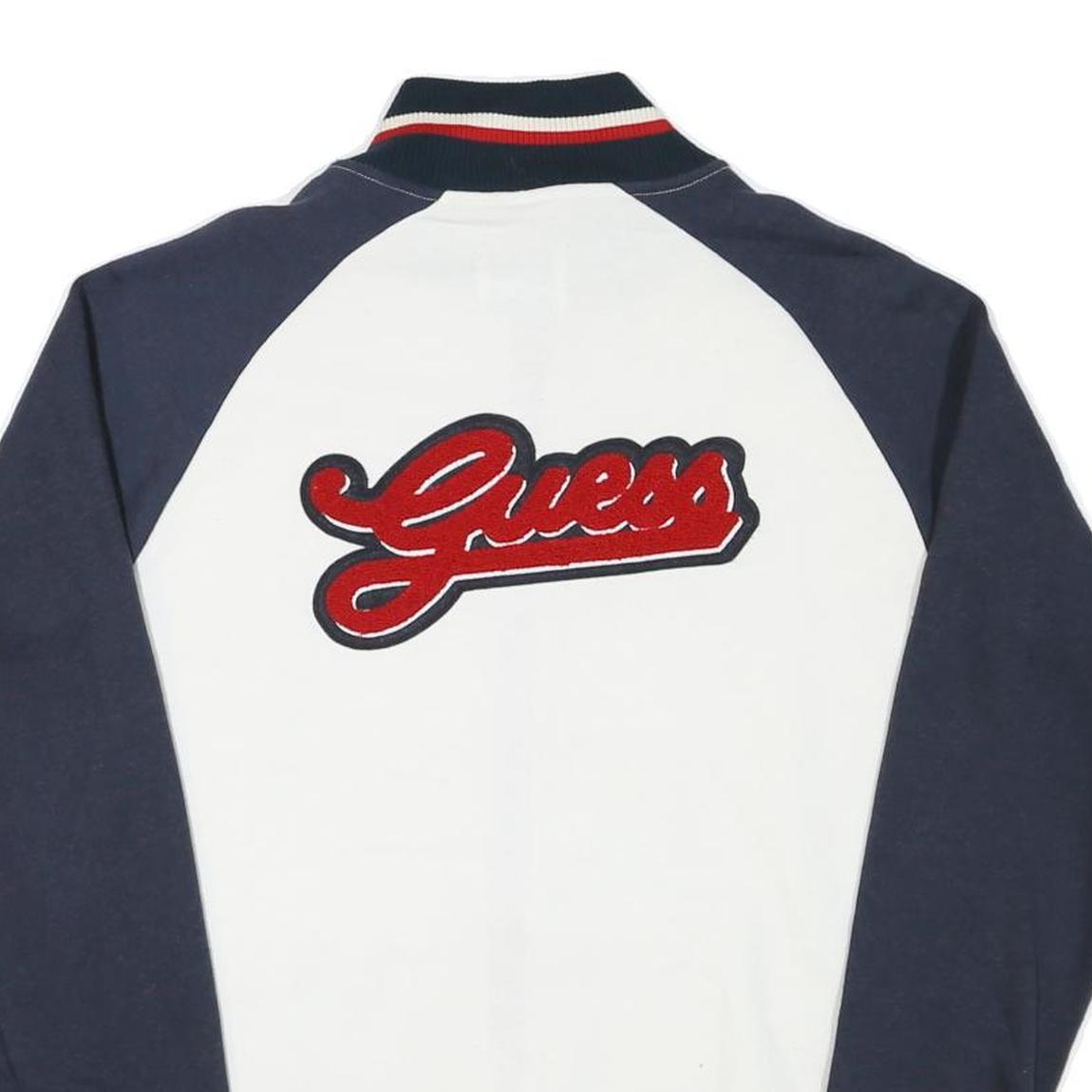 GUESS Mens White & Navy Zip Front Cotton Blend Jacket L Striped Ribbed Collar