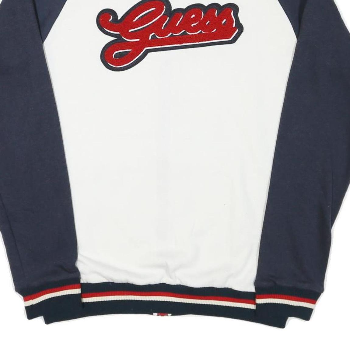 GUESS Mens White & Navy Zip Front Cotton Blend Jacket L Striped Ribbed Collar