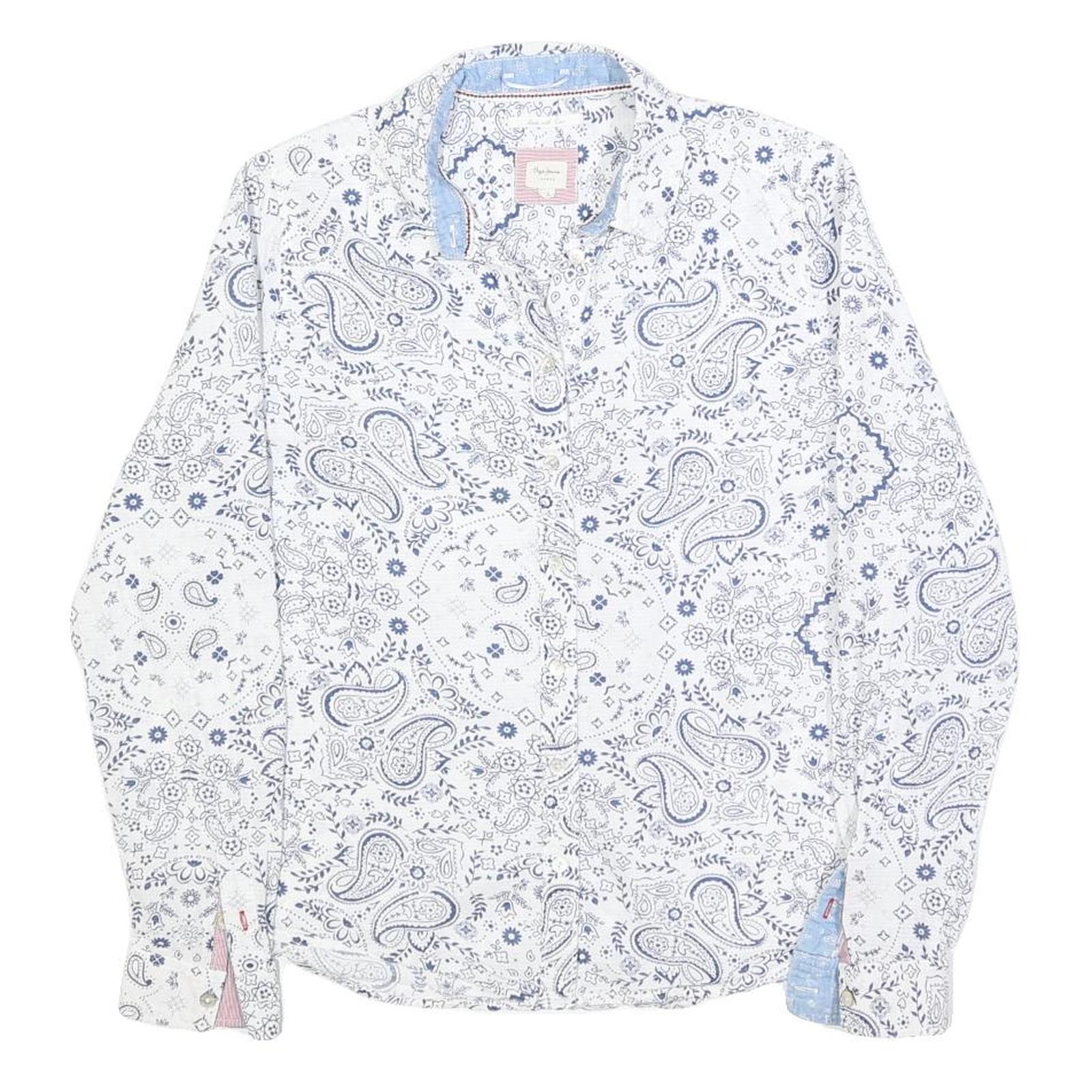 PEPE JEANS Womens White Blue Paisley Print Shirt Long Sleeve Collared S