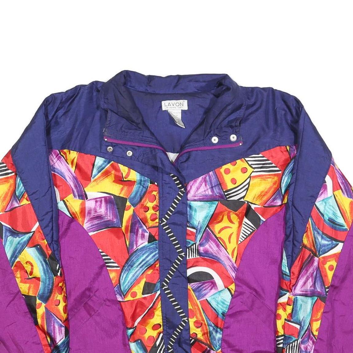 LAVON Womens Blue & Purple Abstract Pattern Zip Nylon Jacket L Fashion Outerwear