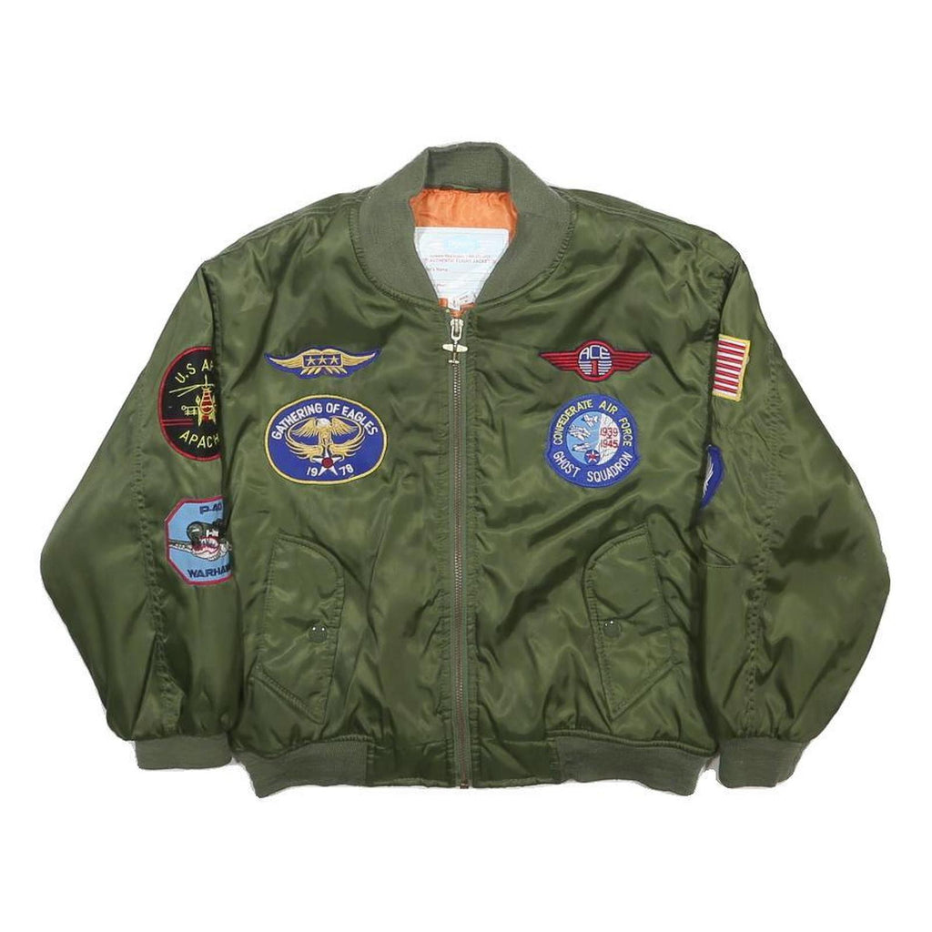 FLIGHTLINE Boys Green Military Bomber Jacket S Nylon Patchwork Flight Patches