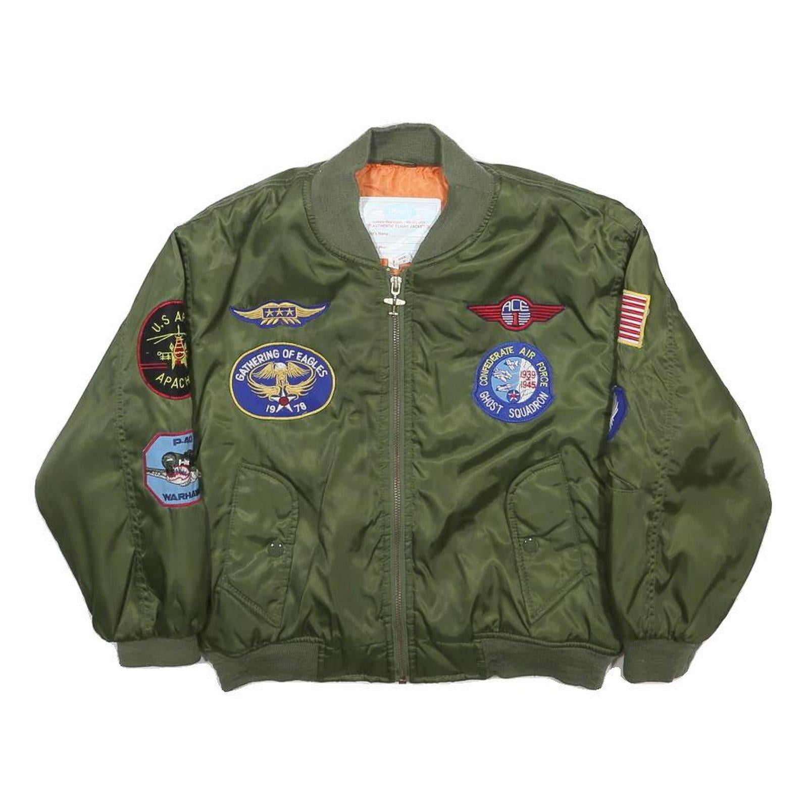 FLIGHTLINE Boys Green Military Bomber Jacket S Nylon Patchwork Flight Patches