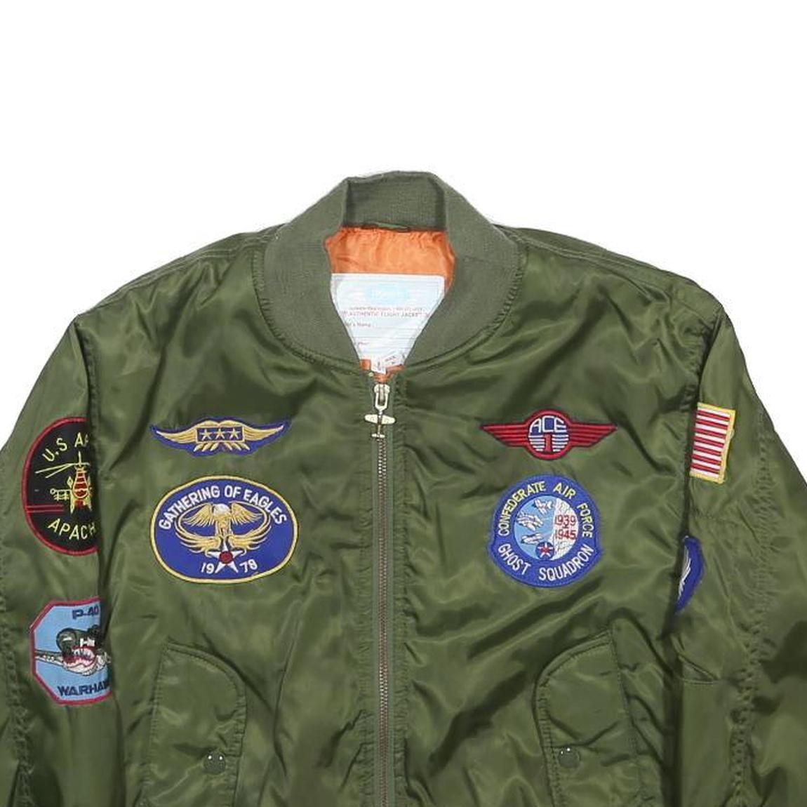 FLIGHTLINE Boys Green Military Bomber Jacket S Nylon Patchwork Flight Patches