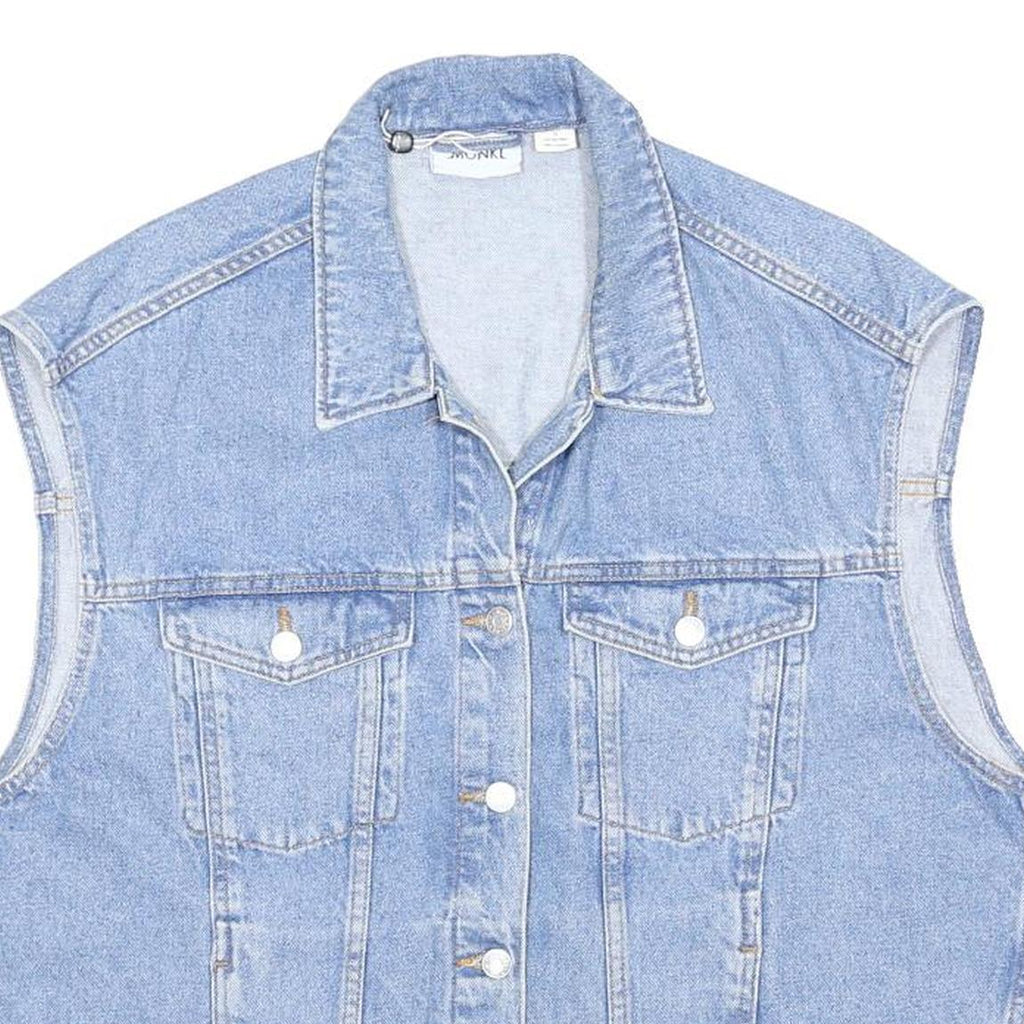 MONKL Womens Blue Denim Sleeveless Jacket S Cotton Blend Button Closure Casual