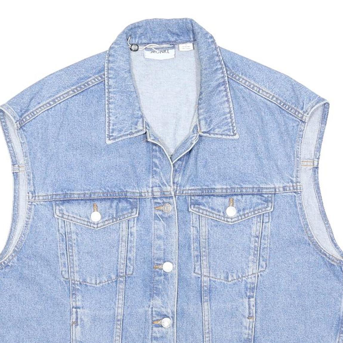 MONKL Womens Blue Denim Sleeveless Jacket S Cotton Blend Button Closure Casual