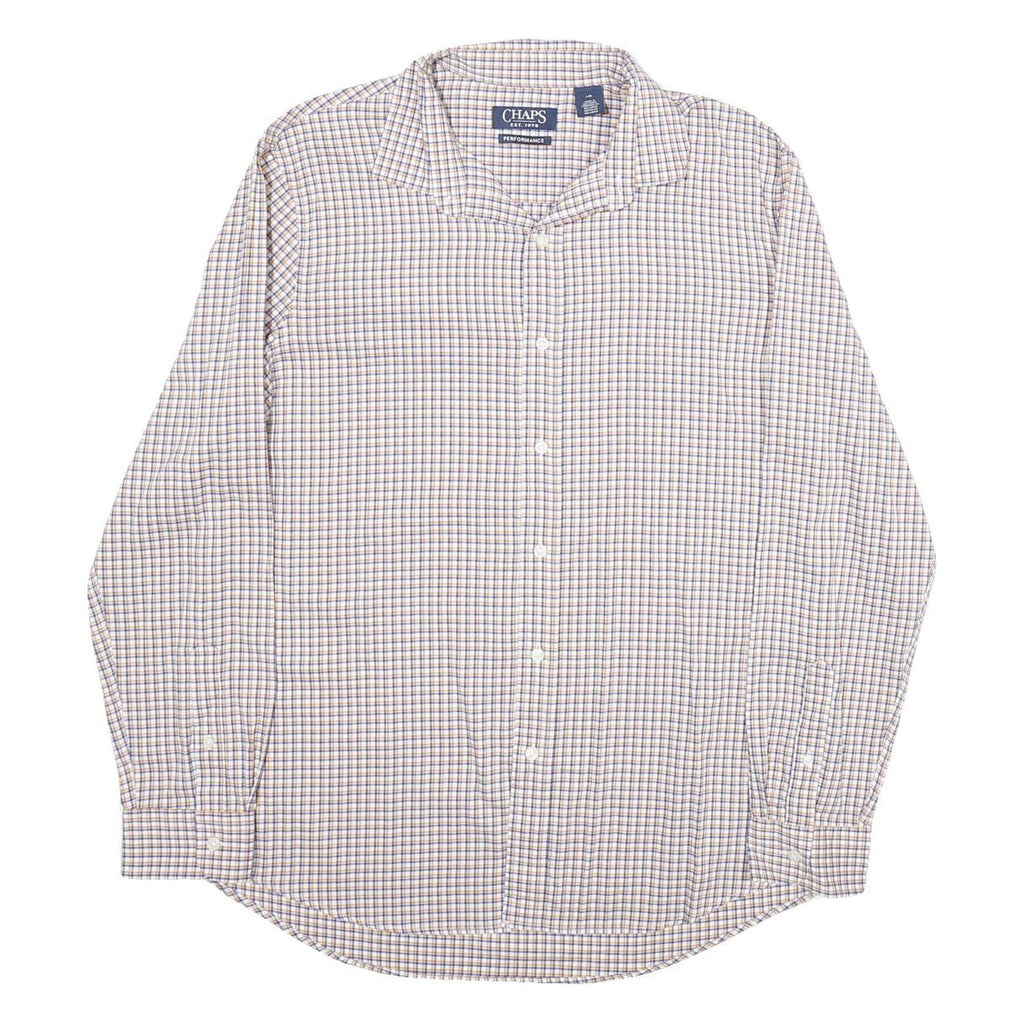 CHAPS Mens White & Brown Check Cotton Shirt L Casual Long Sleeve Button Collar