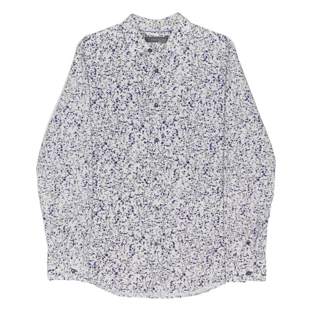 JOHN LEWIS Mens White & Blue Floral Print Cotton Blend Shirt M Long Sleeve
