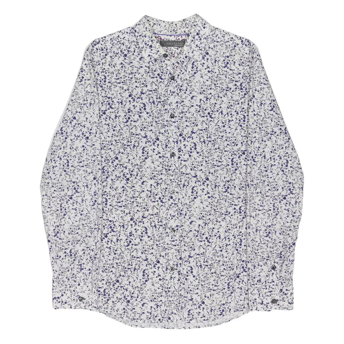 JOHN LEWIS Mens White & Blue Floral Print Cotton Blend Shirt M Long Sleeve