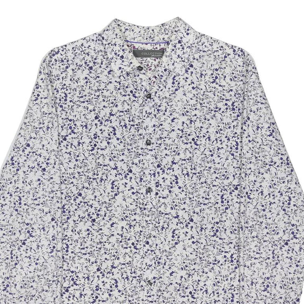 JOHN LEWIS Mens White & Blue Floral Print Cotton Blend Shirt M Long Sleeve