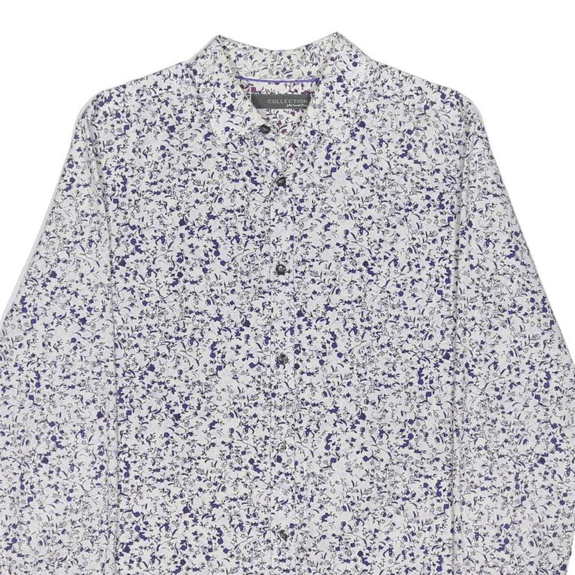 JOHN LEWIS Mens White & Blue Floral Print Cotton Blend Shirt M Long Sleeve