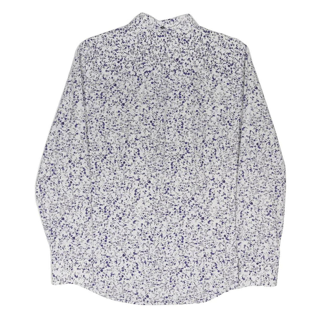 JOHN LEWIS Mens White & Blue Floral Print Cotton Blend Shirt M Long Sleeve