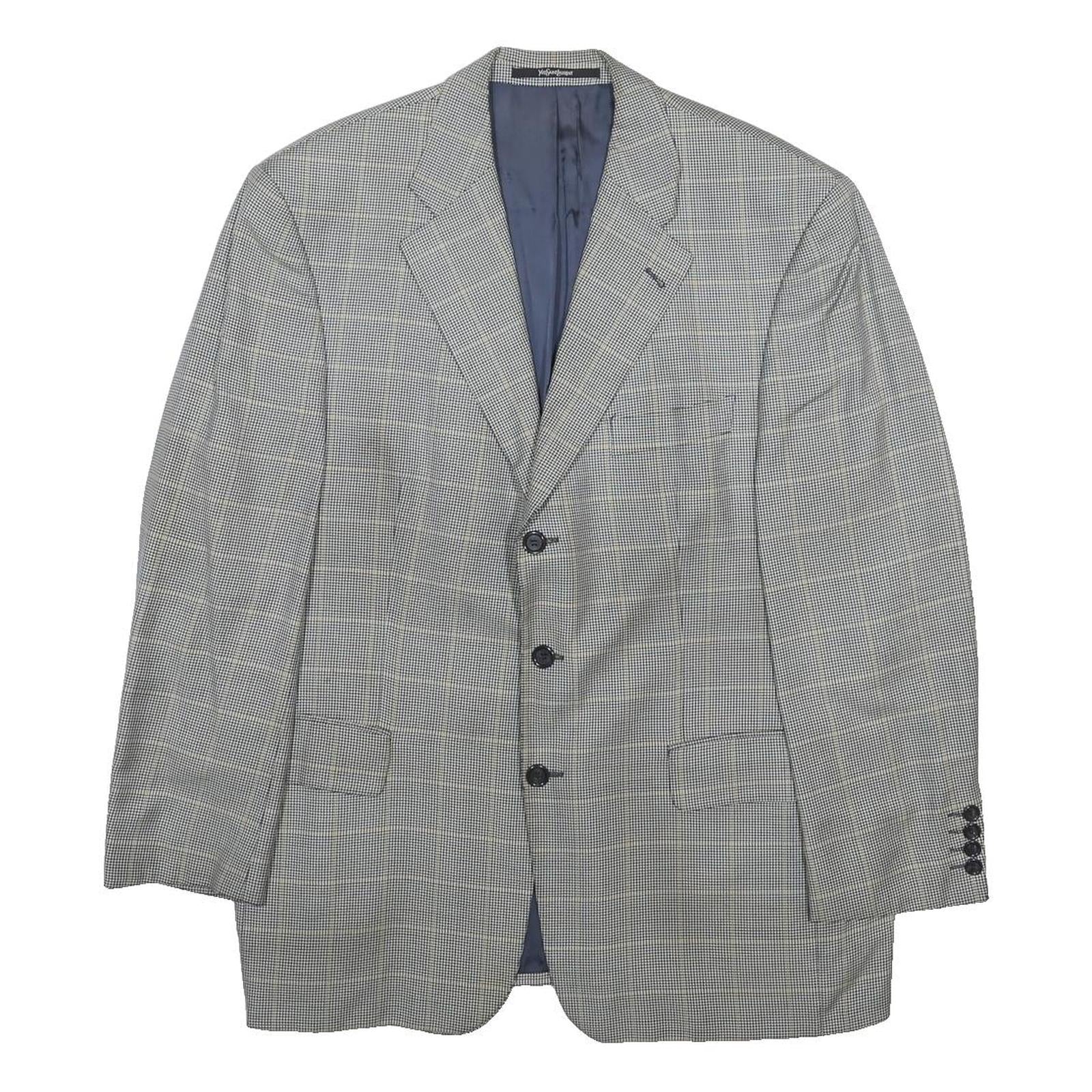 YVES SAINT LAURENT Mens Grey Wool Blend Button Jacket L Checked Classic Blazer