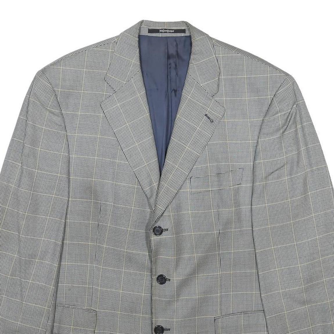 YVES SAINT LAURENT Mens Grey Wool Blend Button Jacket L Checked Classic Blazer