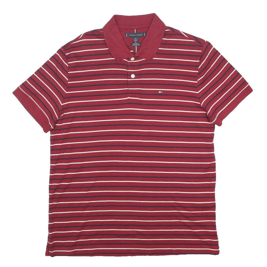 TOMMY HILFIGER Mens Red & Navy Striped Short Sleeve Polo Shirt M Cotton Casual