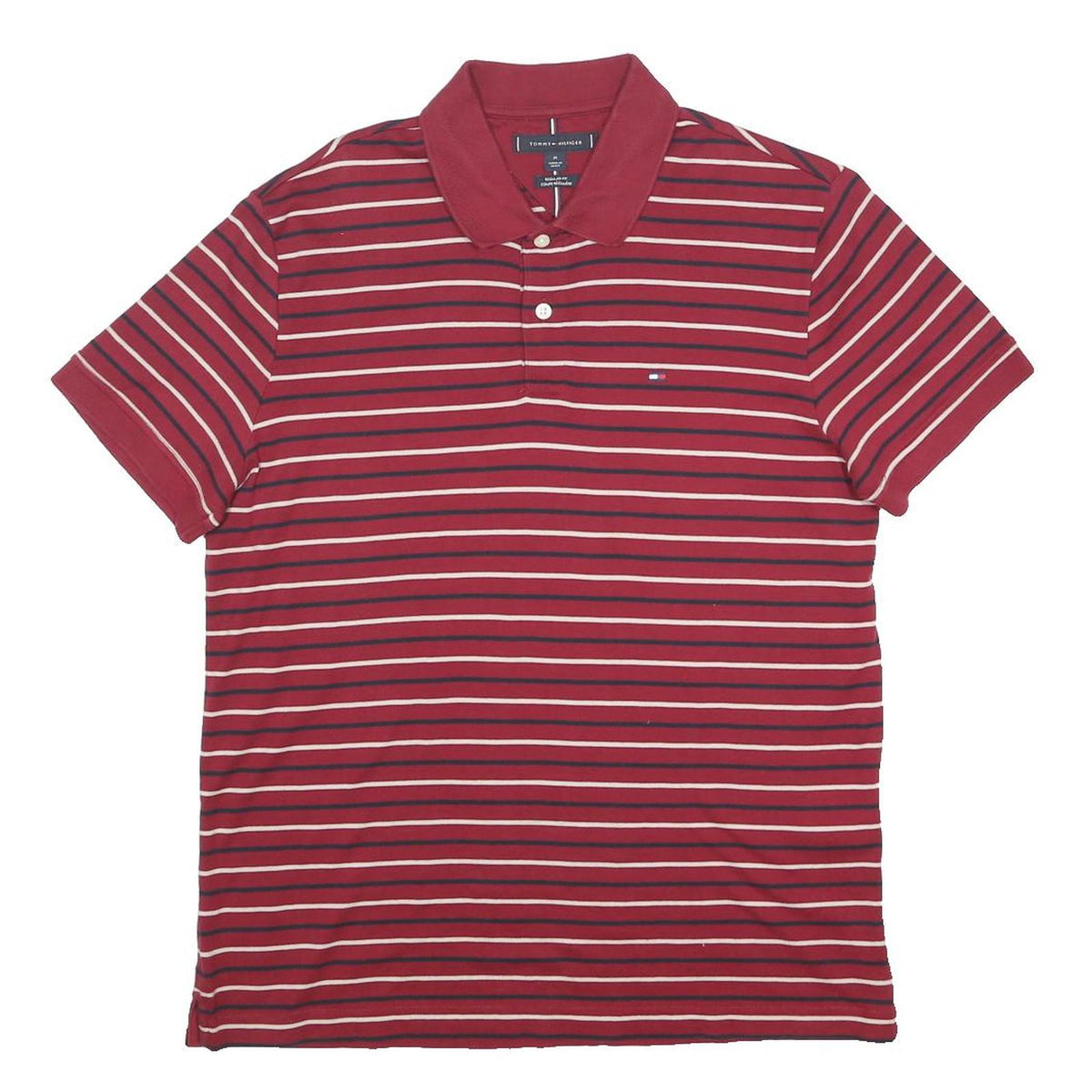 TOMMY HILFIGER Mens Red & Navy Striped Short Sleeve Polo Shirt M Cotton Casual