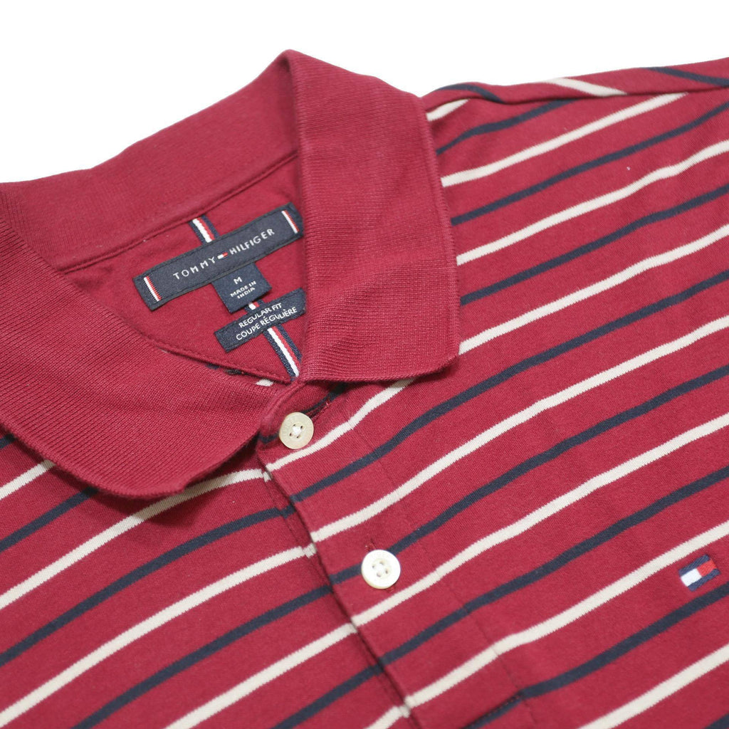 TOMMY HILFIGER Mens Red & Navy Striped Short Sleeve Polo Shirt M Cotton Casual