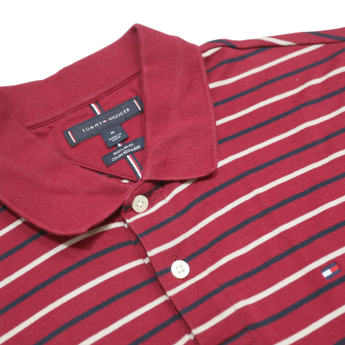 TOMMY HILFIGER Mens Red & Navy Striped Short Sleeve Polo Shirt M Cotton Casual