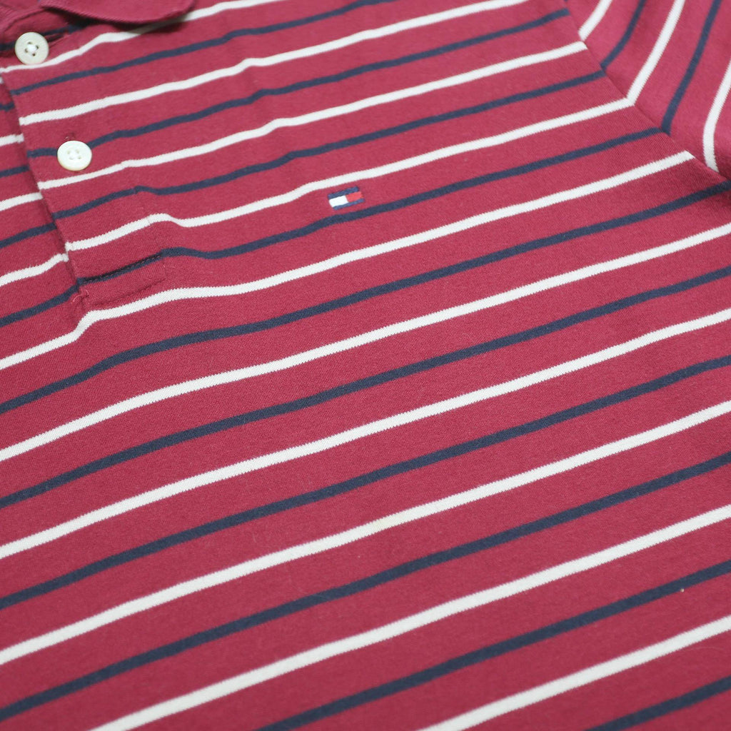 TOMMY HILFIGER Mens Red & Navy Striped Short Sleeve Polo Shirt M Cotton Casual