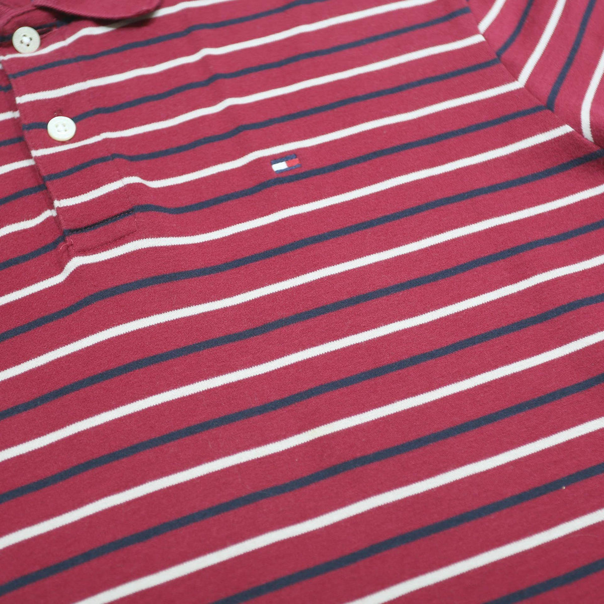 TOMMY HILFIGER Mens Red & Navy Striped Short Sleeve Polo Shirt M Cotton Casual