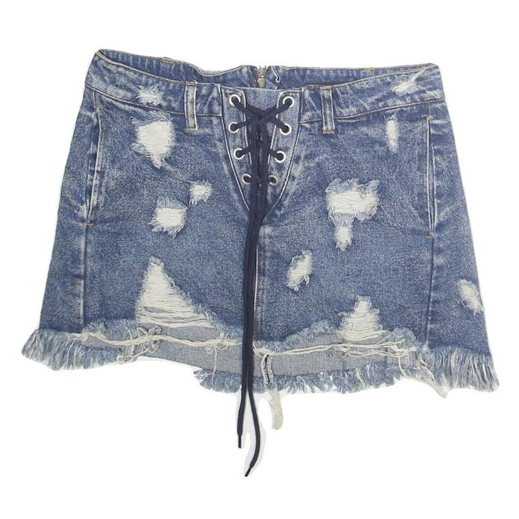 HONEYBUM Womens Blue Distressed Denim Mini Cotton Skirt M Lace Up Frayed Hem