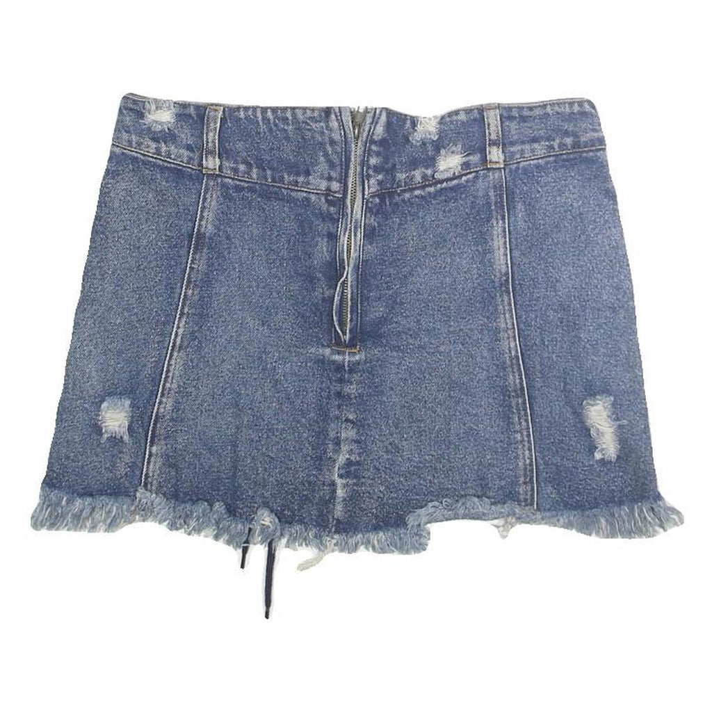 HONEYBUM Womens Blue Distressed Denim Mini Cotton Skirt M Lace Up Frayed Hem