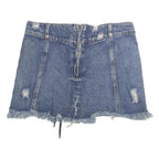 HONEYBUM Womens Blue Distressed Denim Mini Cotton Skirt M Lace Up Frayed Hem