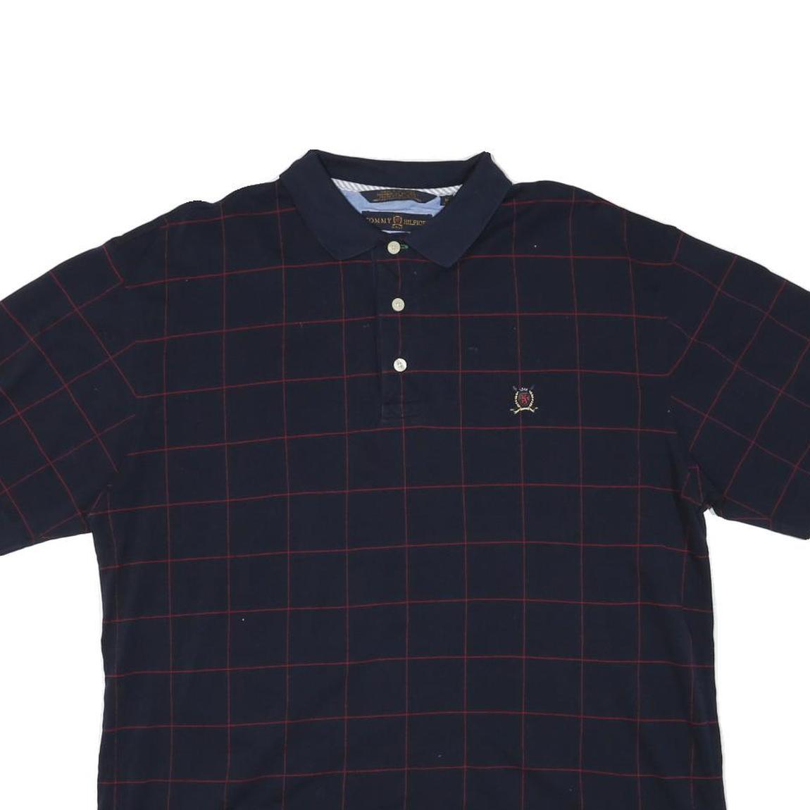 TOMMY HILFIGER Mens Navy Blue Short Sleeve Check Polo Shirt M Classic Fit