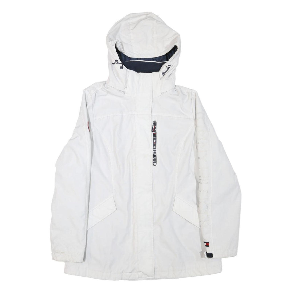 TOMMY HILFIGER Womens White Outdoor Jacket S Polyester Blend Hooded Zip Plain