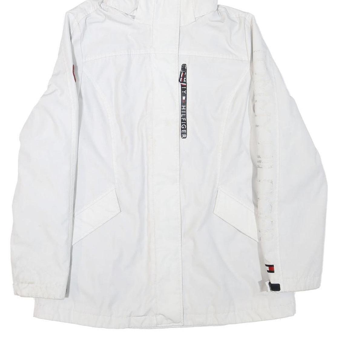 TOMMY HILFIGER Womens White Outdoor Jacket S Polyester Blend Hooded Zip Plain