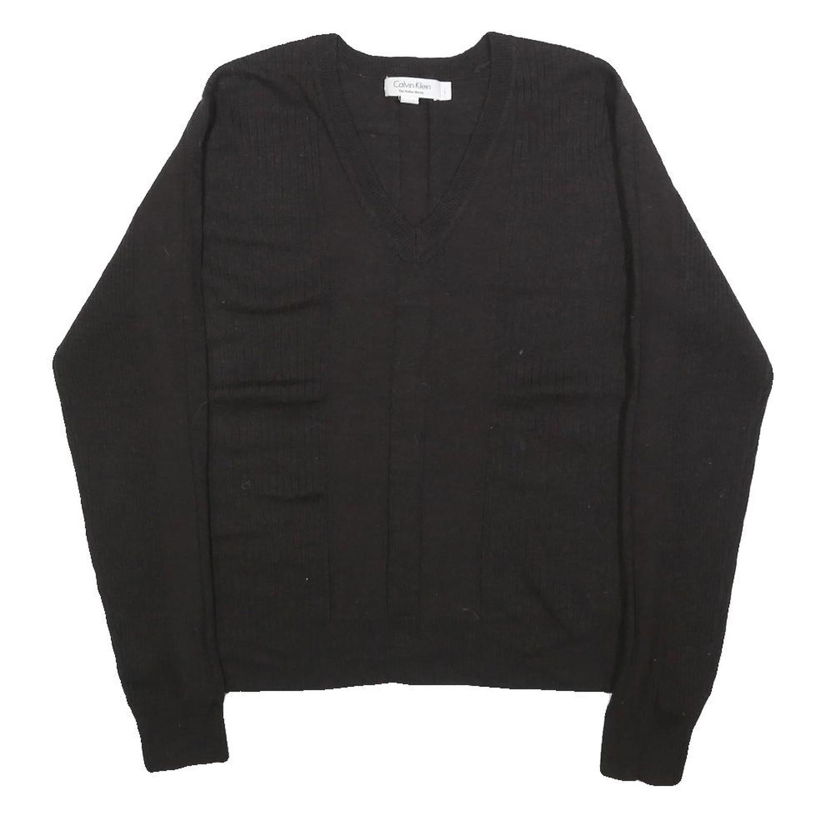 CALVIN KLEIN Womens Black Plain Wool Pullover V-Neck Regular L Jumper Knitwear