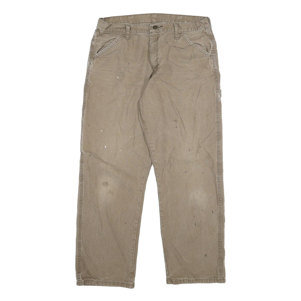 DICKIES Mens Regular Fit Beige Work Trousers W34 L30 Cotton Blend Zip