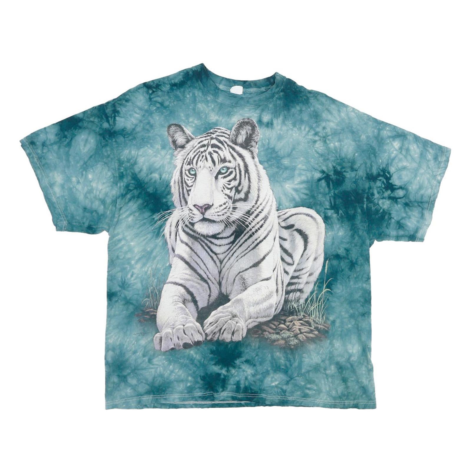 DELTA Mens Blue Tie Dye Tiger Graphic T-Shirt L Short Sleeve Crew Neck Cotton