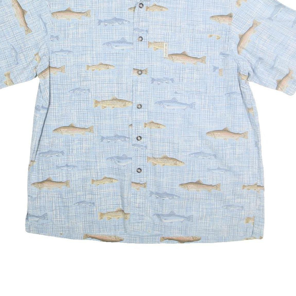 COLUMBIA Mens Blue & Beige Fish Print Cotton Shirt L Casual Outdoor Button-Down