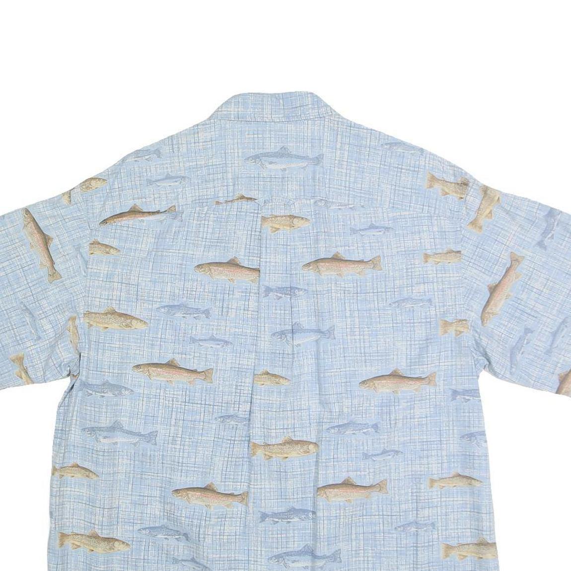 COLUMBIA Mens Blue & Beige Fish Print Cotton Shirt L Casual Outdoor Button-Down