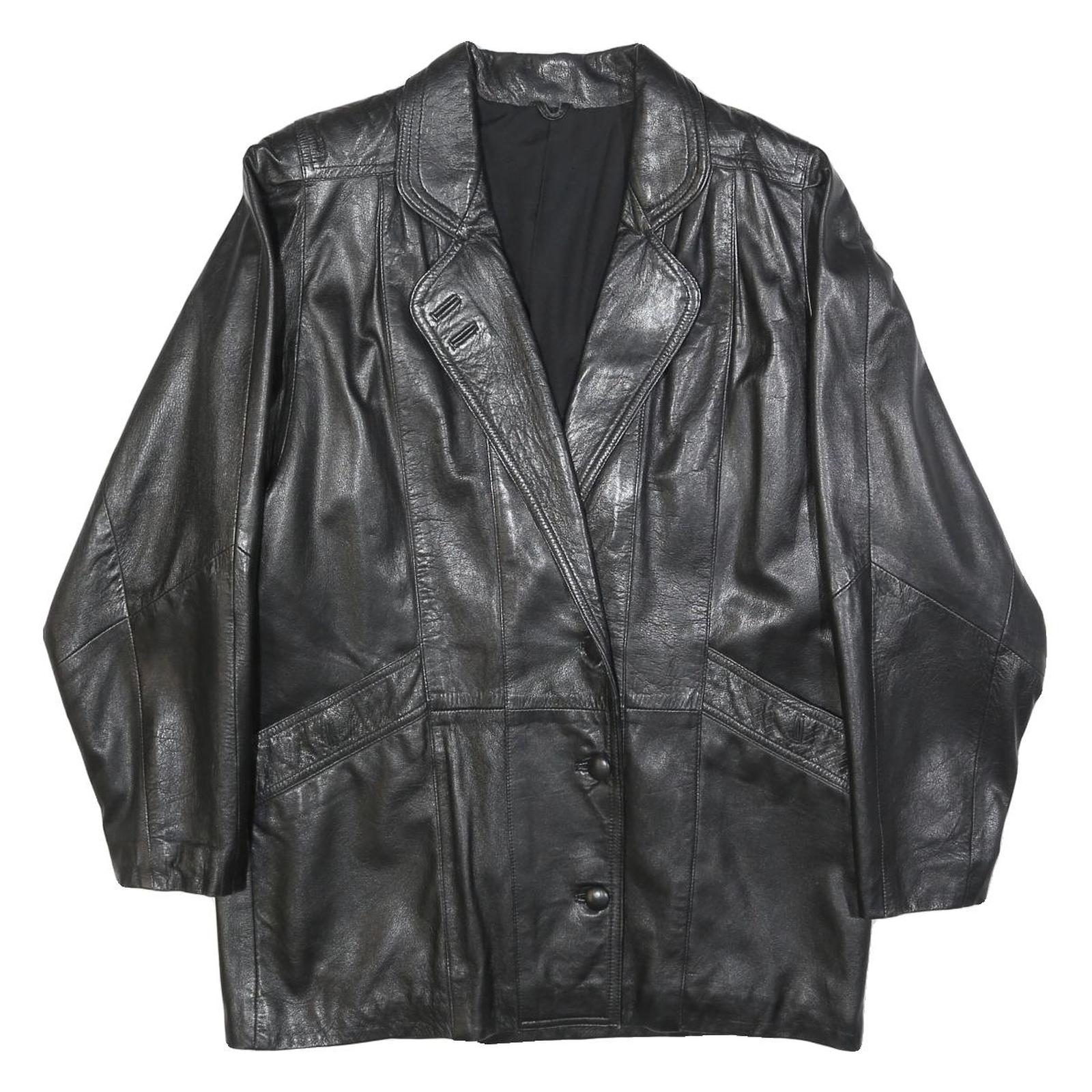 NEUENSCHWANDER Womens Black Leather Blazer Jacket L Button Closure Tailored