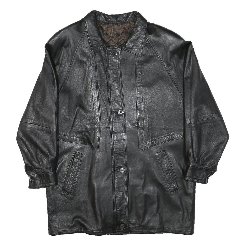 JAMA Womens Black Leather Button Jacket L Woven Minimalist Classic Fashion