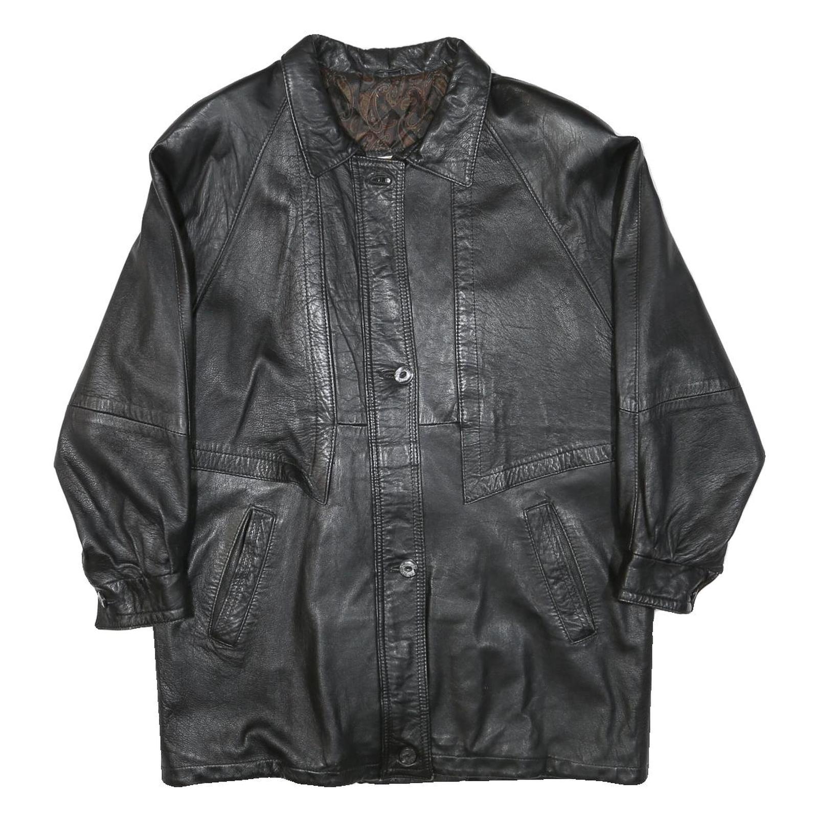 JAMA Womens Black Leather Button Jacket L Woven Minimalist Classic Fashion