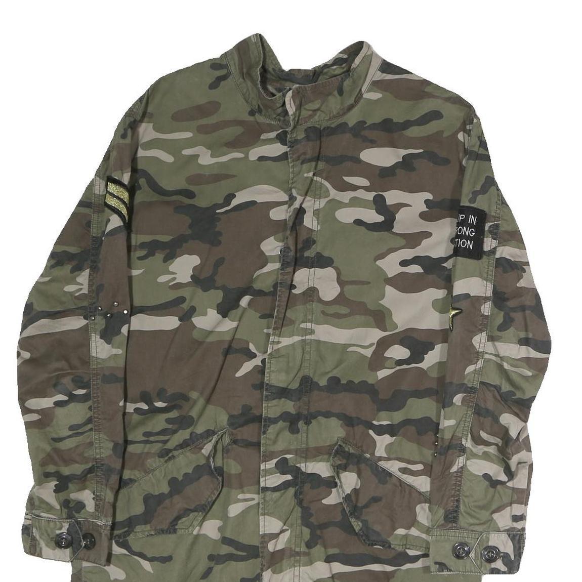 AMISU Mens Green Camouflage Military Jacket M Polyester Zip Pockets Casual