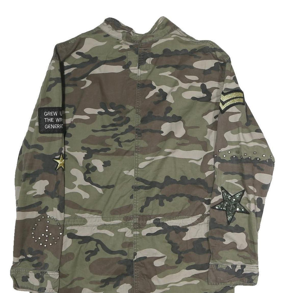 AMISU Mens Green Camouflage Military Jacket M Polyester Zip Pockets Casual