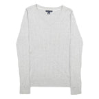 TOMMY HILFIGER Womens Grey Plain Cotton Jumper V-Neck Basic Knit Size S