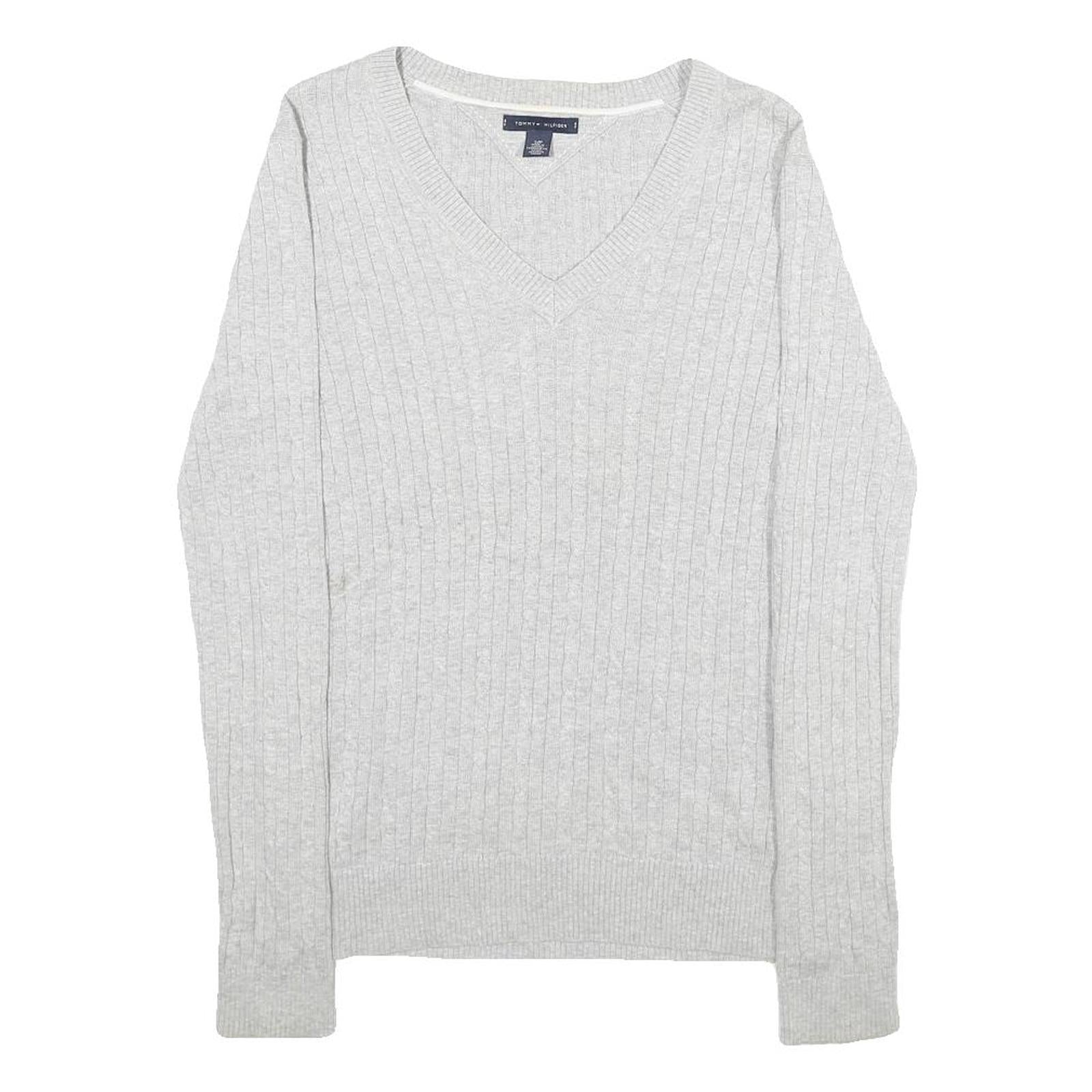 TOMMY HILFIGER Womens Grey Plain Cotton Jumper V-Neck Basic Knit Size S
