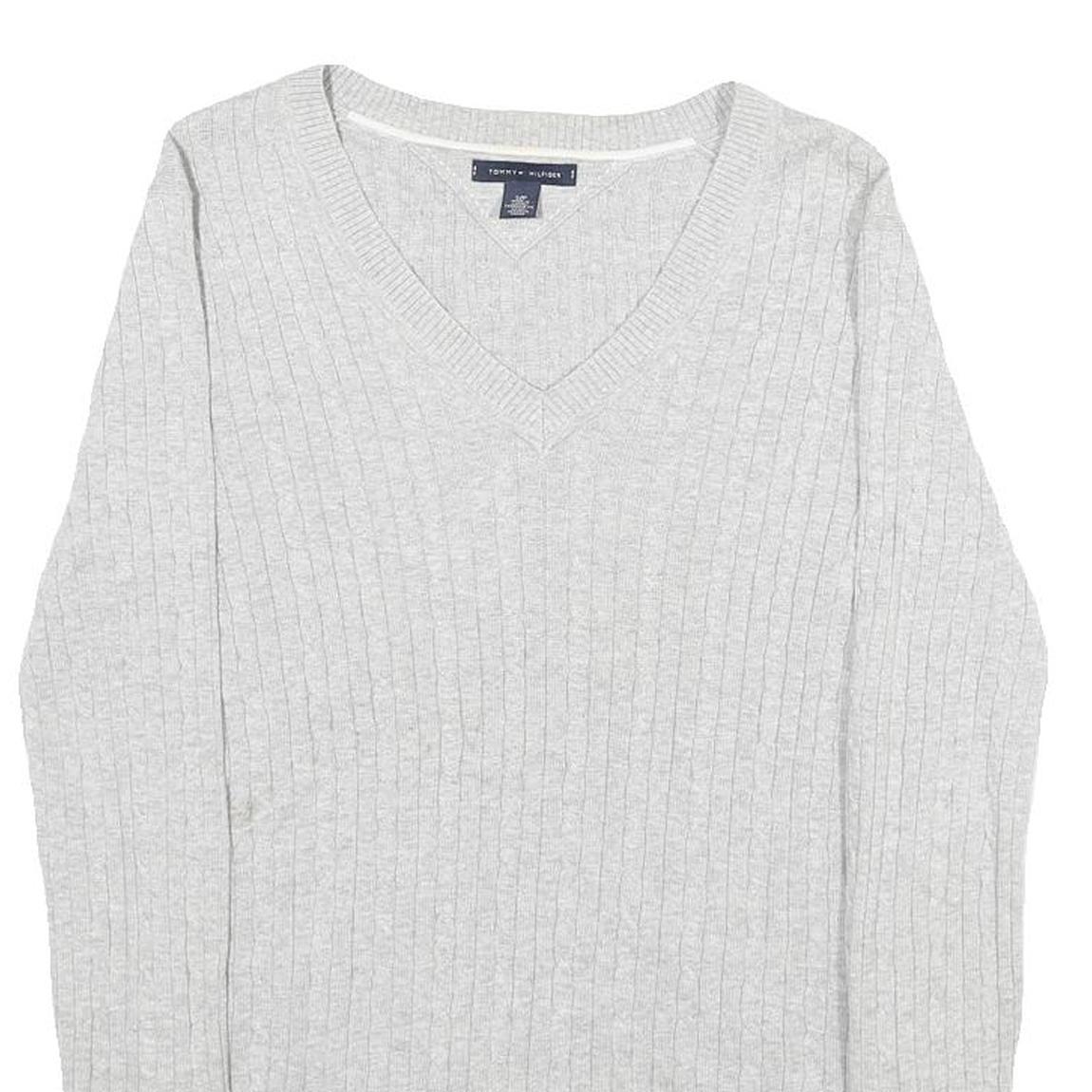 TOMMY HILFIGER Womens Grey Plain Cotton Jumper V-Neck Basic Knit Size S